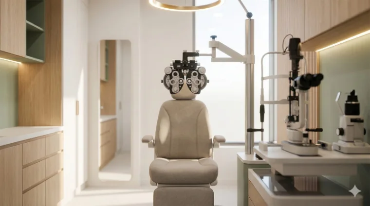 Exam lane with phoropter and slit lamp