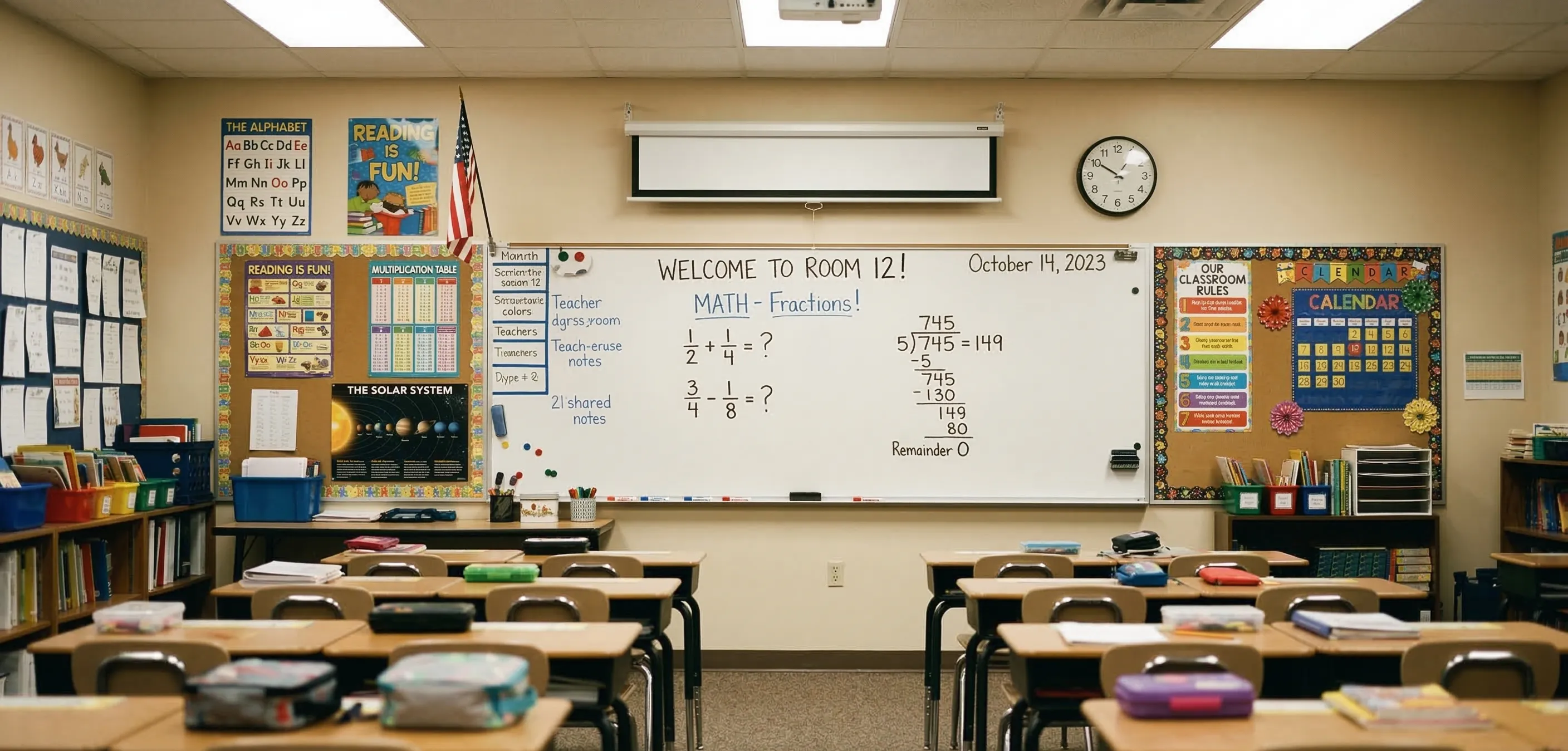 Classroom with whiteboard showing math fractions lesson — fine text becomes harder to read with increasing myopia